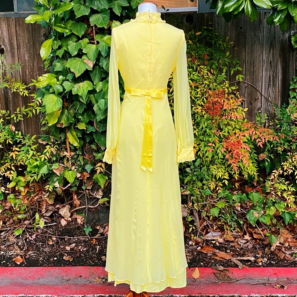 70's Pastel Yellow Embroidered Floral Chiffon Maxi - Picture 4 of 12